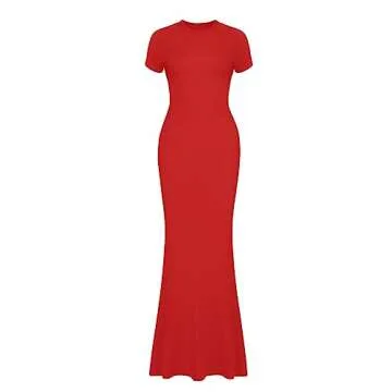 REORIA Women's Summer Sexy Casual Lounge Long Dress Elegant Wedding Guest Short Sleeve Crew Neck Bodycon Maxi Dresses Red Small
