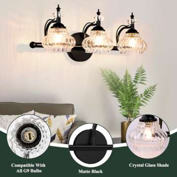 3-Light Bathroom Light Fixtures,Bathroom Vanity Lights, Vintage Glass Crystal Bathroom Wall Lights,Bathroom Wall Lamp for Mirror Hallway Cabinet Bedroom Living Room Dressing Room (Matte Black)