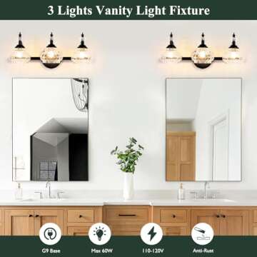 3-Light Bathroom Light Fixtures,Bathroom Vanity Lights, Vintage Glass Crystal Bathroom Wall Lights,Bathroom Wall Lamp for Mirror Hallway Cabinet Bedroom Living Room Dressing Room (Matte Black)