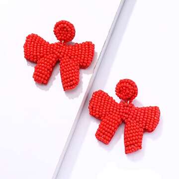Christmas Earrings Beaded Xmas Bow Earring for Women Handmade Red Green Holiday Bow Drop Dangle Earrings Festive Jewelry Gifts (Red)