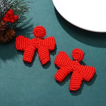 Christmas Earrings Beaded Xmas Bow Earring for Women Handmade Red Green Holiday Bow Drop Dangle Earrings Festive Jewelry Gifts (Red)