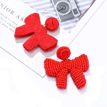 Christmas Earrings Beaded Xmas Bow Earring for Women Handmade Red Green Holiday Bow Drop Dangle Earrings Festive Jewelry Gifts (Red)