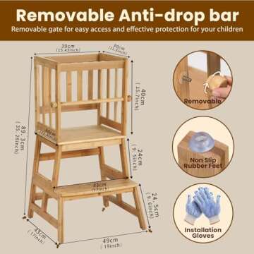 COSYLAND Kids Kitchen Step Stool，Toddler Standing Tower with CPC Certification, Removable Anti-Drop Railing Safety Rail Enjoys Unique Patented Design A Anti-tip Structure More Stable, Natural Bamboo