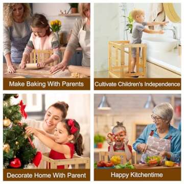 COSYLAND Kids Kitchen Step Stool，Toddler Standing Tower with CPC Certification, Removable Anti-Drop Railing Safety Rail Enjoys Unique Patented Design A Anti-tip Structure More Stable, Natural Bamboo