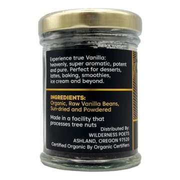 Wilderness Poets Pure Vanilla Powder - 100% Organic Ground Vanilla Beans - Tahitian Variety, Grade A | Potent, Super Aromatic, Perfect for Chefs, Baking, Ice Cream, Coffee Lattes, 1 Ounce (28 Grams)