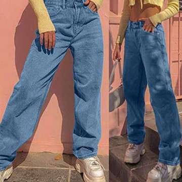 MASZONE High Waisted Jeans for Women Y2K Fashion Baggy Denim Pants Loose Wide Leg Straight Jeans Vintage Streetwear Blue