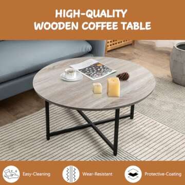 TOYSINTHEBOX Round Coffee Table Modern Coffee Table Sofa Table Tea Table for Living Room, Office Desk, Balcony, Wood Desktop and Metal Legs, Nature, 31.5"
