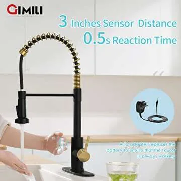 GIMILI Black and Gold Touchless Kitchen Faucet with AC Adapter, Smart Motion Sensor Hands Free Single Handle Kitchen Sink Faucet with Pull Down Sprayer