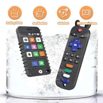 FFTROC TV Remote Control Shape Baby Teething Toys and Phone Shape Teether Toys for Babies 6-12 Months, Sensory Teether Chew Toys for Boys Girls Baby Toddlers Infant - Black