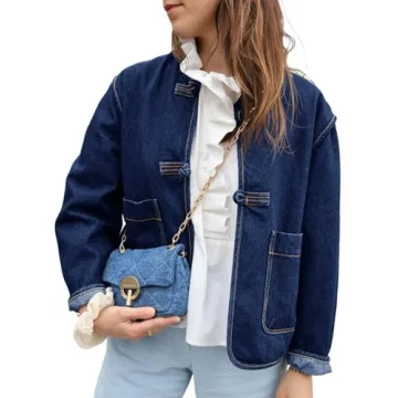 Cicy Bell Womens Cropped Collarless Denim Shirts Jackets Frog Button Trendy Jean Shackets Lightweigh...