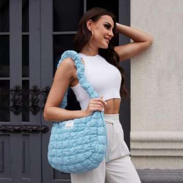 Vulkitty Puffer Tote Bag for Women Lightweight Quilted Padding Shoulder Bag Adjustble Shoulder Strap for Crossbody Bag,Blue
