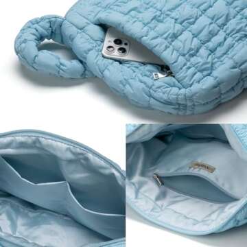 Vulkitty Puffer Tote Bag for Women Lightweight Quilted Padding Shoulder Bag Adjustble Shoulder Strap for Crossbody Bag,Blue
