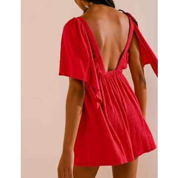 Acesulu 2024 Women Summer V Neck Backless Flutter Sleeve One Piece Outfits Rompers with Elastic High Waist Pockets(0273-Red-S)