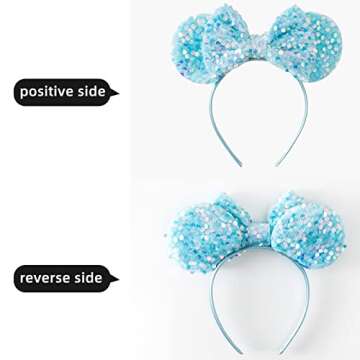 PAITTY Pearl Mouse Ears Bow Headbands for Girls Kids Sparkle Hair Band Ear Headband Party Princess Trip Cosplay Costume Decor (Blue Sequin)