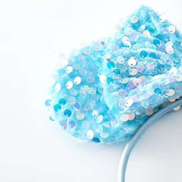 PAITTY Pearl Mouse Ears Bow Headbands for Girls Kids Sparkle Hair Band Ear Headband Party Princess Trip Cosplay Costume Decor (Blue Sequin)