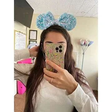 PAITTY Pearl Mouse Ears Bow Headbands for Girls Kids Sparkle Hair Band Ear Headband Party Princess Trip Cosplay Costume Decor (Blue Sequin)