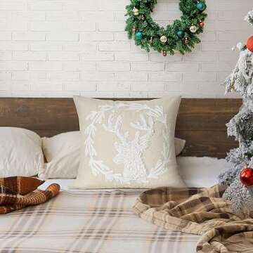Lewondr Christmas Throw Pillow Cover, 18 x 18 Inch Cute 3D Pellet Velvet Reindeer Embroidered Garlan...