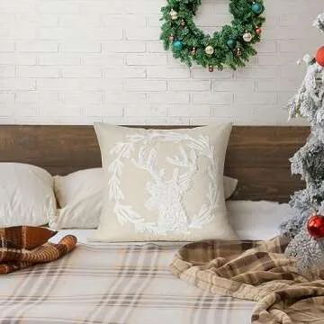 Lewondr Christmas Throw Pillow Cover, 18 x 18 Inch Cute 3D Pellet Velvet Reindeer Embroidered Garlan...