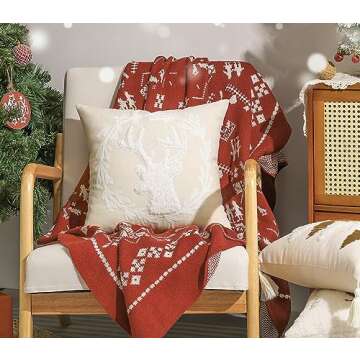 Lewondr Christmas Throw Pillow Cover, 18 x 18 Inch Cute 3D Pellet Velvet Reindeer Embroidered Garland Decorative Pillow Cover Luxury Soft Canvas Throw Pillow Case for Bed Home Decor Living Room