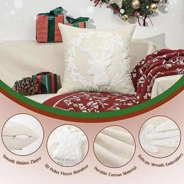 Lewondr Christmas Throw Pillow Cover, 18 x 18 Inch Cute 3D Pellet Velvet Reindeer Embroidered Garland Decorative Pillow Cover Luxury Soft Canvas Throw Pillow Case for Bed Home Decor Living Room