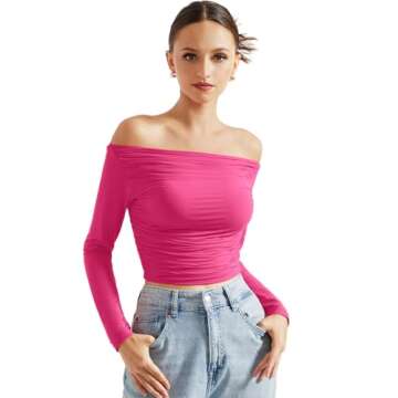 SUUKSESS Women Off Shoulder Long Sleeve Shirts Double Lined Fitted Crop Tops Y2K Tight T Shirts (Hot...