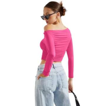 SUUKSESS Women Off Shoulder Long Sleeve Shirts Double Lined Fitted Crop Tops Y2K Tight T Shirts (Hot Pink,S)