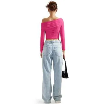 SUUKSESS Women Off Shoulder Long Sleeve Shirts Double Lined Fitted Crop Tops Y2K Tight T Shirts (Hot Pink,S)