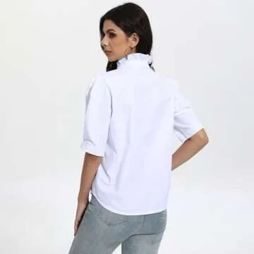 Womens 2024 Summer White Top Ruffle Stand Collar Button-Down Shirt Puff Sleeves Blouse