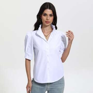 Womens 2024 Summer White Top Ruffle Stand Collar Button-Down Shirt Puff Sleeves Blouse