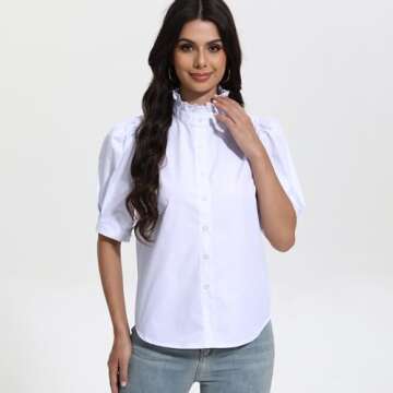 Womens 2024 Summer White Top Ruffle Stand Collar Button-Down Shirt Puff Sleeves Blouse