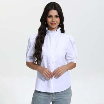 Womens 2024 Summer White Top Ruffle Stand Collar Button-Down Shirt Puff Sleeves Blouse