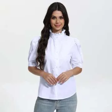 Womens 2024 Summer White Top Ruffle Stand Collar Button-Down Shirt Puff Sleeves Blouse