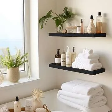 LaVie Home Floating Shelves, 15.6 Inch Wall Shelf Set of 3, Hanging Shelf with Invisible Brackets, Wall Decor for Bathroom, Bedroom, Living Room, Kitchen Storage, Classic Black