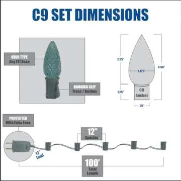 C9 Clear 100 Foot Christmas String Light Set - Outdoor Christmas Light String - Hanging Christmas Lights - Roofline Light String - Outdoor Patio String Lights - Green Wire - 125 Bulbs
