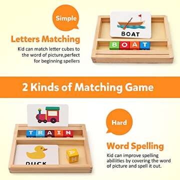 Coogam Wooden Blocks Spelling Game, Color Alphabet Letters Matching Flash Cards ABC Cubes Sight Word...