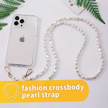 Richie Luxury Phone Wallet Case for Women for iPhone 13 Pro Case with Strap - Includes Crossbody Pearl Necklace Lanyard & Adhesive PU Leather Credit Card Holder - Hands-Free Carrying - Clear, 6.1"