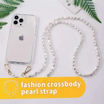 Richie Luxury Phone Wallet Case for Women for iPhone 13 Pro Case with Strap - Includes Crossbody Pearl Necklace Lanyard & Adhesive PU Leather Credit Card Holder - Hands-Free Carrying - Clear, 6.1"