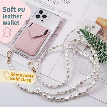 Richie Luxury Phone Wallet Case for Women for iPhone 13 Pro Case with Strap - Includes Crossbody Pearl Necklace Lanyard & Adhesive PU Leather Credit Card Holder - Hands-Free Carrying - Clear, 6.1"