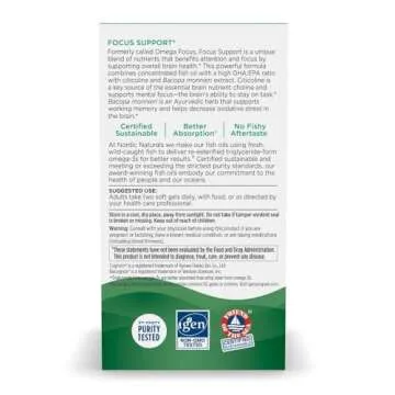 Nordic Naturals Omega Focus, Lemon - 60 Soft Gels - 1280 mg Omega-3 + Citicoline & Bacopa Monnieri Extract - Focus, Attention, Memory, Brain Health - Non-GMO - 30 Servings