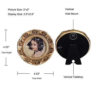 VINLIFE Small Vintage Picture Frames 3x3 Antique Gold Wallet Size Picture Frames Ornate Round Picture Frames with Embossed Floral Photo Gallery Wall Art Victorian Home Decor