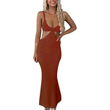 Amiblvowa Women Knit Cut Out Maxi Dress Sexy Spaghetti Strap Backless Ribbed Long Dresses Summer Beachwear Club Y2k Streetwear (Brown Cut Out, Medium)