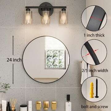 Growsun Black Round Mirror 24 inch, Wall Mounted Circle Mirror, Metal Framed Mirror for Bathroom Vanity, Bedroom Home Decor Mirros