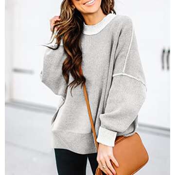 ETCYY Womens Oversized Sweaters Fall 2025 Fashion Clothes Trendy Batwing Sleeve Colorblock Striped Knit Pullover Tops,Grey,Small