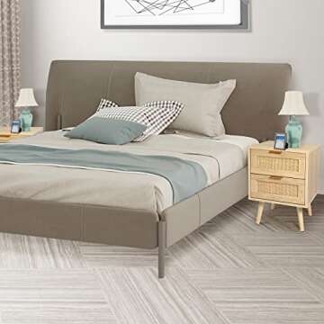 HOPUBUY Nightstands Set of 2 with Rattan Drawer, Modern Night Stand for Bedrooms, Wooden 2 Drawer Bedside Table Side Table Nightstand for Bed Small Place and Bedroom (Brown, 2 Drawers 2 Pack)