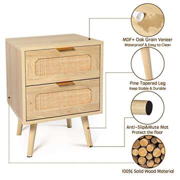 HOPUBUY Nightstands Set of 2 with Rattan Drawer, Modern Night Stand for Bedrooms, Wooden 2 Drawer Bedside Table Side Table Nightstand for Bed Small Place and Bedroom (Brown, 2 Drawers 2 Pack)