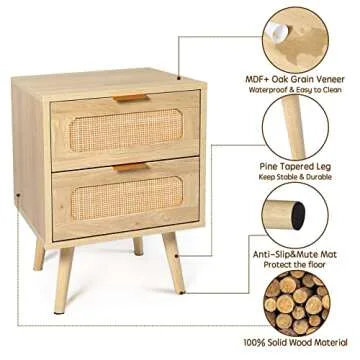 HOPUBUY Nightstands Set of 2 with Rattan Drawer, Modern Night Stand for Bedrooms, Wooden 2 Drawer Bedside Table Side Table Nightstand for Bed Small Place and Bedroom (Brown, 2 Drawers 2 Pack)