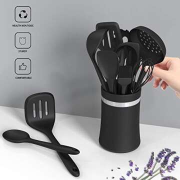 Silicone Cooking Utensil Kitchen Utensil Set, 24 Pcs Non-stick Cooking Utensils Spatula Set with Holder by AIKKIL, Heat Resistant Kitchen Gadgets Tools Set for Cookware(Black)