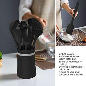 Silicone Cooking Utensil Kitchen Utensil Set, 24 Pcs Non-stick Cooking Utensils Spatula Set with Holder by AIKKIL, Heat Resistant Kitchen Gadgets Tools Set for Cookware(Black)