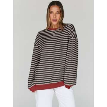 Trendy Queen Oversized Sweatshirt for Women 2025 Summer Crewneck Striped Long Sleeve Shirts Hoodies ...
