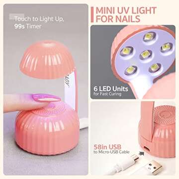 GAOY Mini UV Light for Gel Nails, Small Nail Cure Light, Mushroom LED Nail Lamp, USB Nail Dryer for Fast Curing, Pink